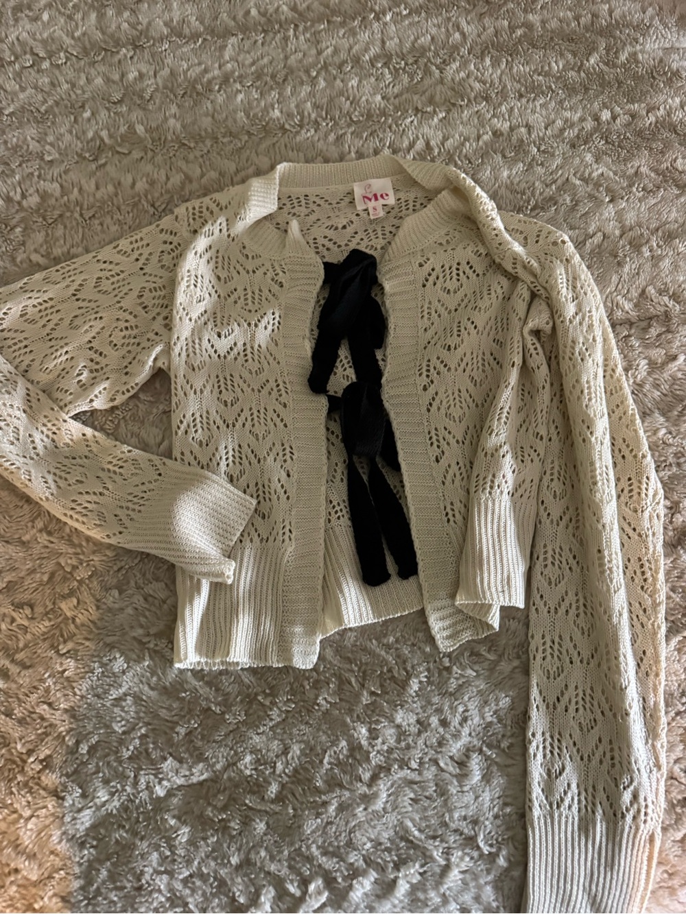 So Me Cream Openwork Knit Cardigan with Black Ties